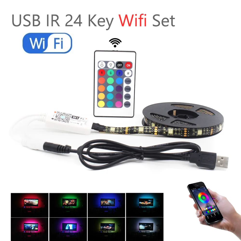 Светодиодные ленты свет USB 5 В Wi-Fi RGB ленты Водонепроницаемый SMD 5050 музыка Ambilight ТВ фон Тира светодиодный Bluetooth Гибкая полоса огни LED лента - Испускаемый цвет: IR 24 key Wifi Set