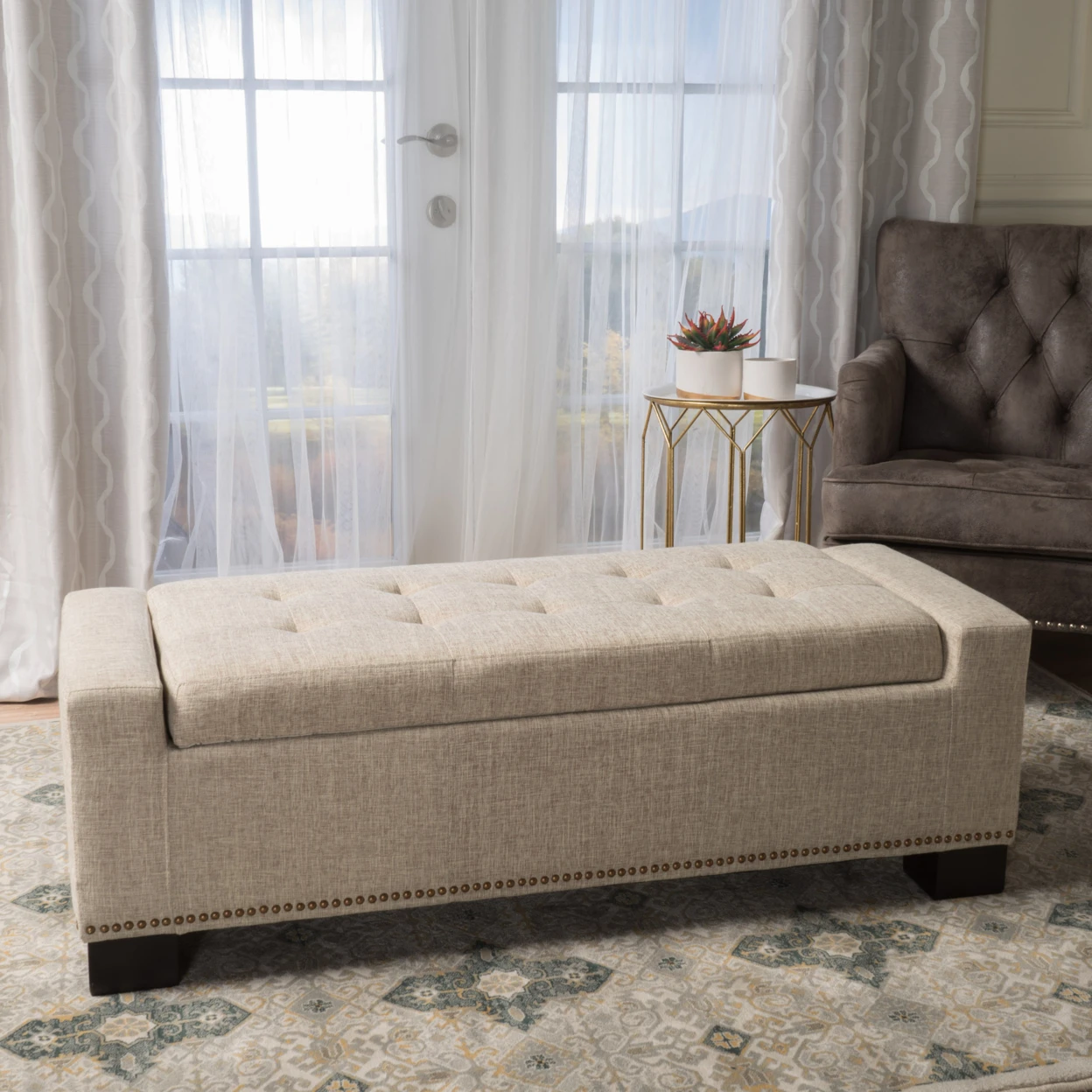 

Espana Wheat Fabric Storage Ottoman w/ Studs