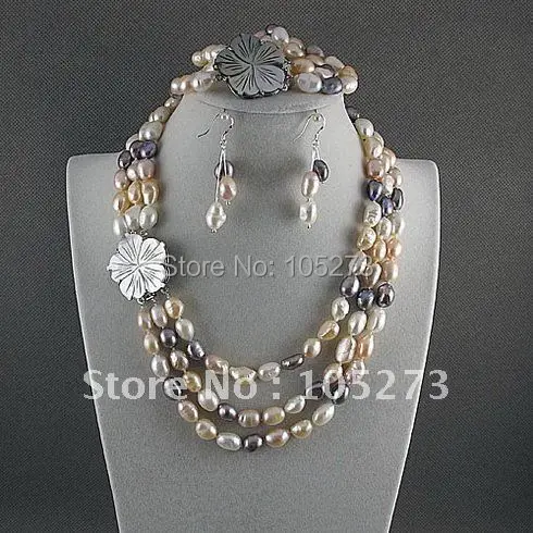 

Charming!jewelry set AA 8-9mm white pink gray Genuine freshwater pearl necklace bracelet earring Hot sale free shipping A2396