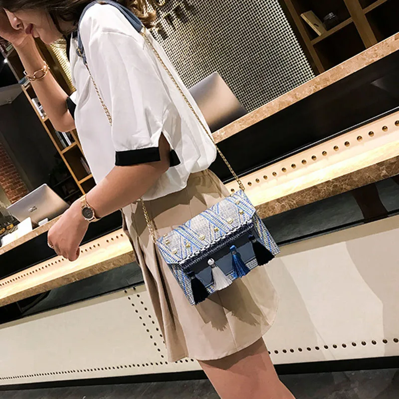 Women Fashion Pearl Straw Bags Bohemian Female Summer Tassel Handbag Lady Travel Knit Shoulder Bag Beach Chains Crossbody SS3282 (5)
