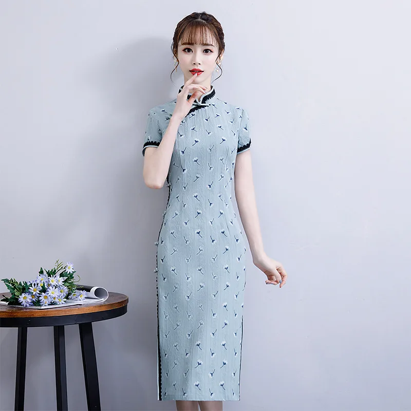 2019 женские летние короткие Cheongsam модное китайское стильное платье длиной до колена Qipao тонкие вечерние платья Леди Vestido S-3XL