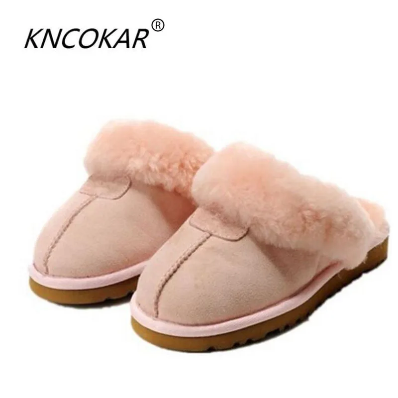 

KNCOKAR sheepskin leather fur lined women home shoes winter suede slippers indoor house shoes for woman half slippers hot sales