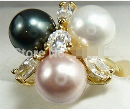 

Hot sell Black White Pink South Sea Shell Pearl Golden Crystal Ring Size 6-9 >Bridal jewelry free shipping