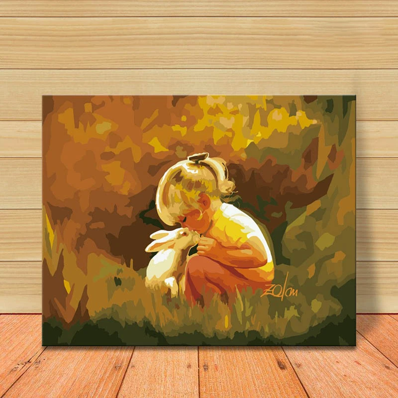 MOLEK Cute Girl and Rabbit Oil Painting by Numbers Kids Coloring Drawing Figures Pictures Wall Poster for Baby Room Home Decor |