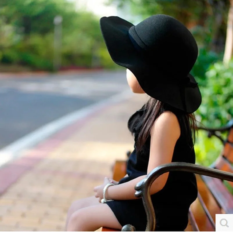 

Autumn Winter Warm Kids Boys Girls Vintage Wide Brim Cap Soft Wool Felt Bowknot Bowler Floppy Children Sun Hat Beach Hat