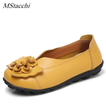 

Mstacchi New Retro Real Leather Shoes Woman Flower Round Toe Loafers Comfortable Non-Slip Mother Shoes Spring Autumn Flats Shoes