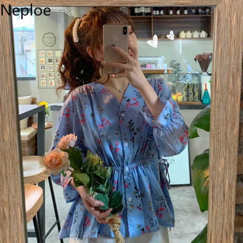 

Neploe 2019 Korean Style Ladies Tops Women Chiffon Blouses Loose Shirt Female Vintage Floral Drawstring Slim Blouse Blusas 39155