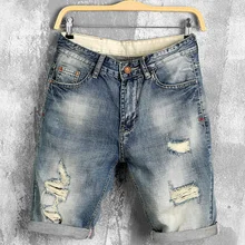 Летние джинсовые шорты, мужские джинсы, новые модные мужские рваные шорты для отдыха, дышащие шорты с дырками в стиле хип-хоп, Новое поступление