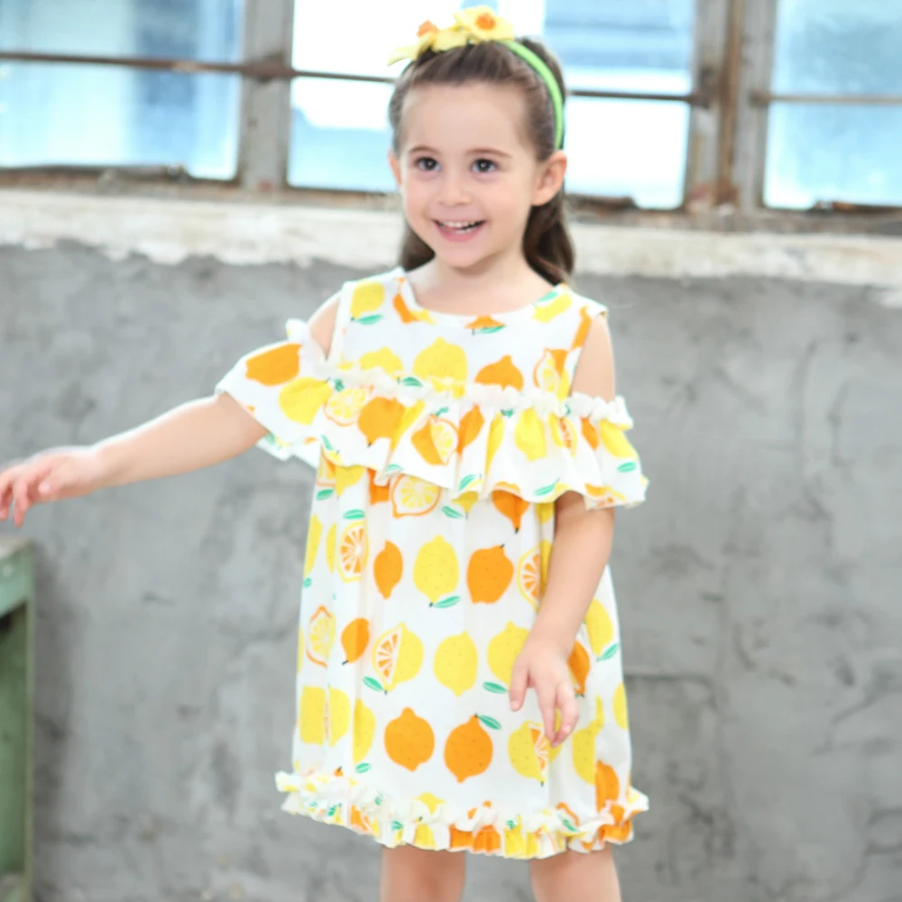 Cotton Above Knee Children Clothing Cat Print Kids Girl Dress Short Sleeve