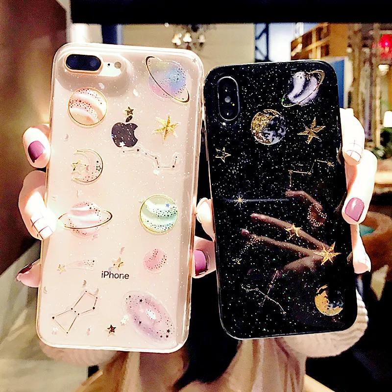 

Glitter Space planet phone Cases For iphone X 7 XS 8 Plus For iphone xs max 6 7Plus Clear Soft Silicone Star Moon Cover Fundas