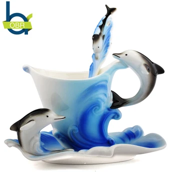 

OBR Creative Ceramic Mug Set Dolphin Shape Coffee Mug With Saucer Spoon Tea Mugs And Cup For Friend Gift Breakfast Coffee Cup