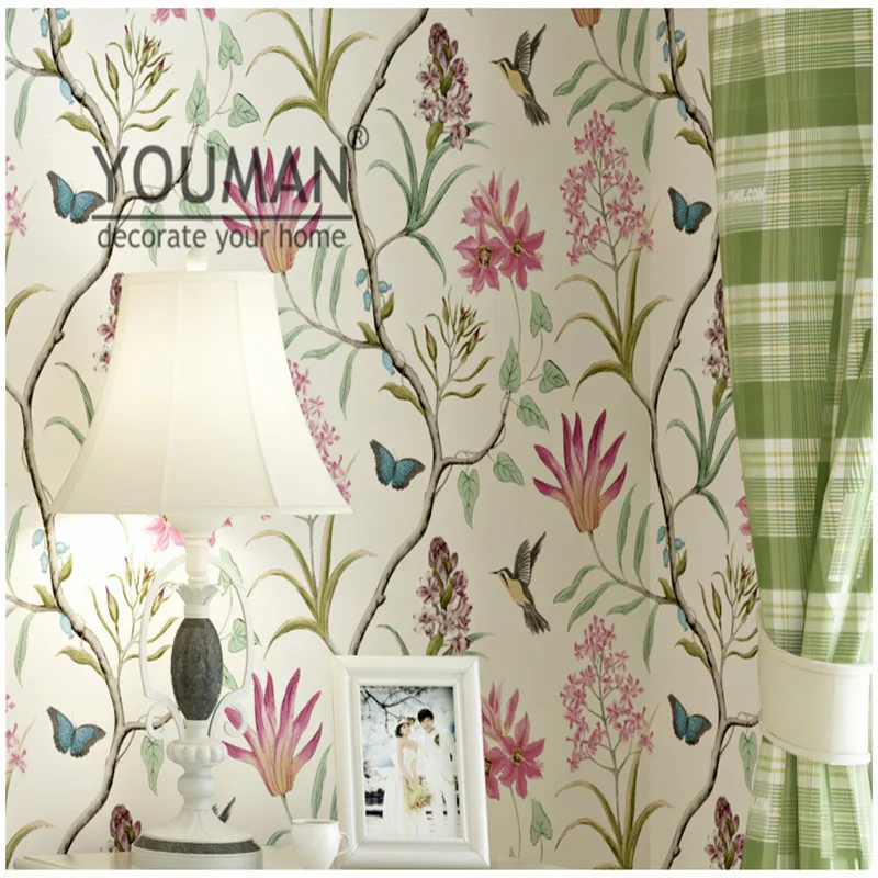 Wallpaper Youman Vintage American country fresh 3d garden flower and bird bedroom living room TV background non-woven wallpaper