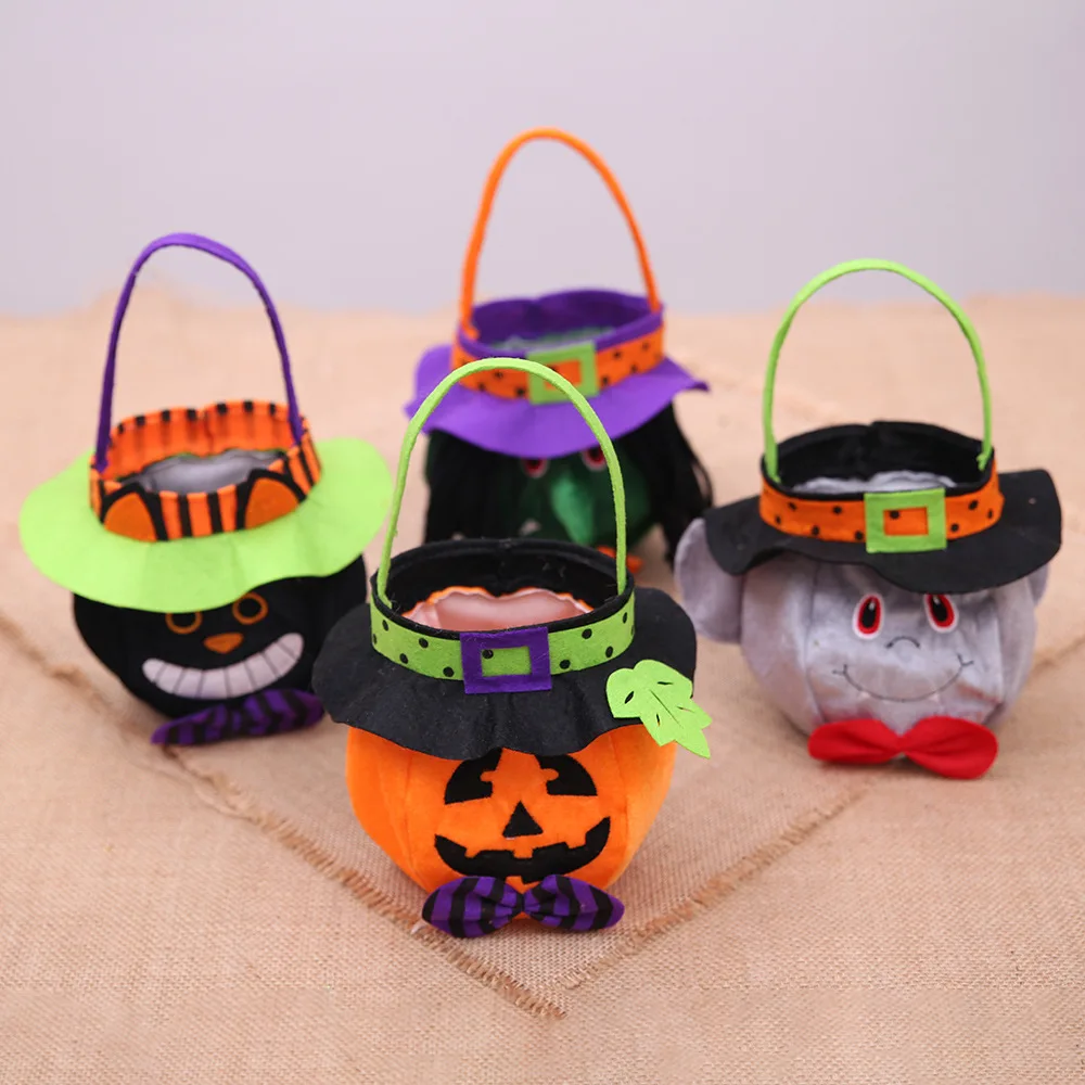 Halloween Candy Gift Bags With Round Cap Tote Bags Pumpkin Witch Black Cat Shape Cloth Sweets Candies Bag Hot Sales