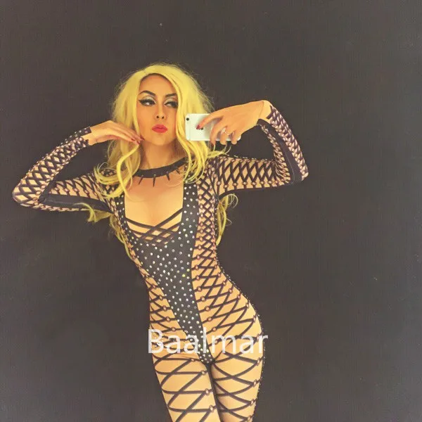 Una Partido De Ds Cantante Sola Sexy Flaco Negro Pieza Bodysuit Jumpsuit Oufit Traje Polainas Bailarina Nightclub Dj Del Rhinestones wvqpUpz