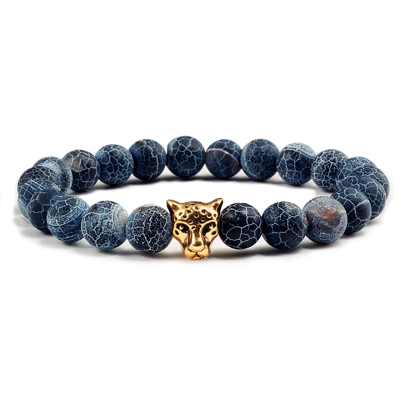 

Hot 8mm Natural Stone Buddha Bead Bracelet Shiny Gold/Silver Alloy Leopard Head Decorative Charm High Quality Bangle Men Jewelry