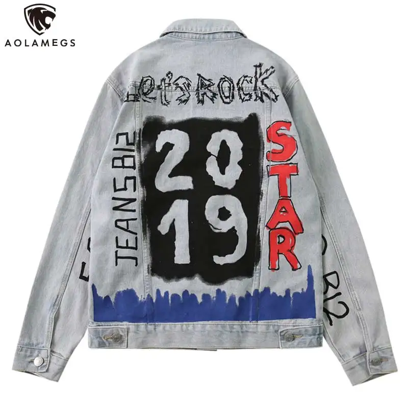Aolamegs Denim Jacket Men Funny Print Block Cowboy Men's Jacket High Street Fashion Hip Hop