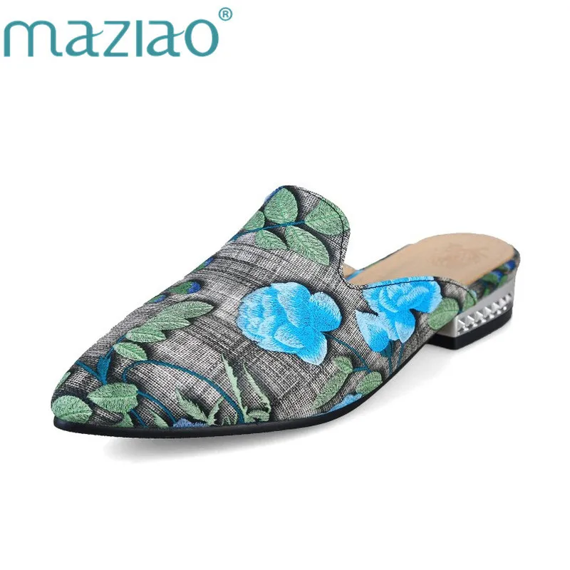 

MAZIAO 2018 Soft Cotton Fabric Women Flower Pointed Toe Mules Slippers Summer Pointed Toe Slip-on Casual Shoes Size 34-43