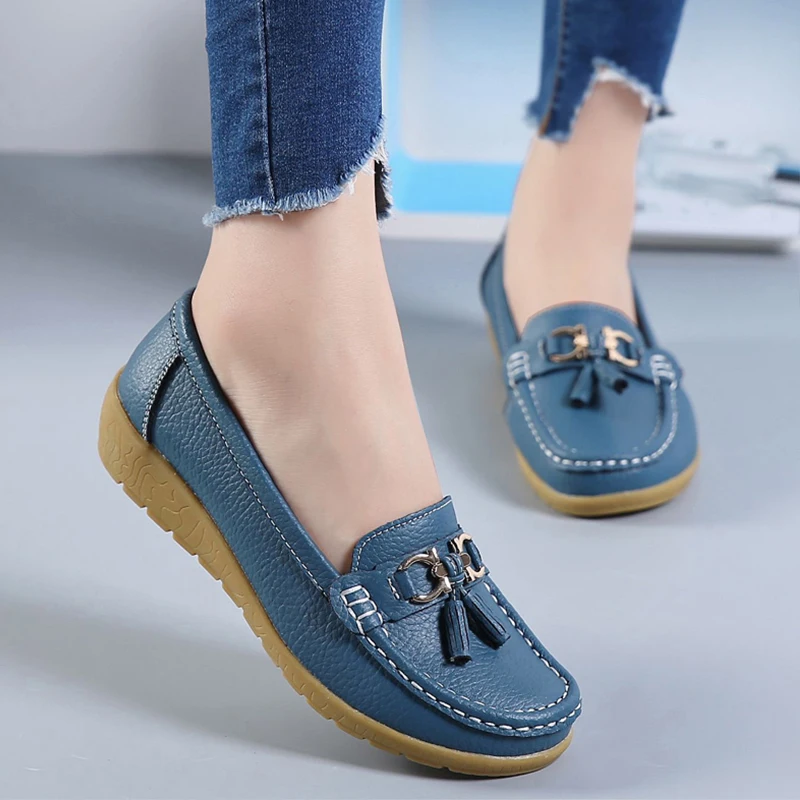 Fashion Shoes Women Genuine Leather Shoes Woman Fashion Casual Wedge Loafers Shoes Slip-on Round Toe Shoe For Women Mocasin