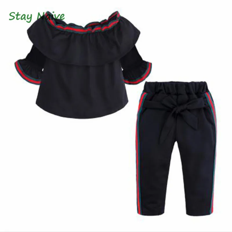 

2019 latest girl off-the-shoulder short-sleeved cotton clothing children's casual color striped suit children's clothing