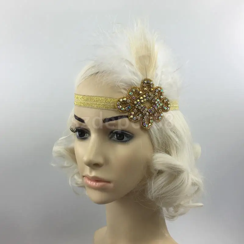 

Vintage Feather 1920s Great Gatsby Flapper Crystal Diamante Headband White