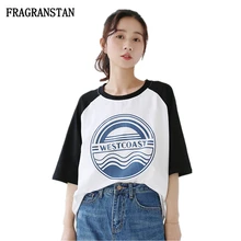 Женский сезон: весна–лето Половина рукава повседневные футболки Новинки для женщин с буквенным принтом Футболка в мозаичном стиле Дамская мода Свободный Топ с круглым вырезом JQ405