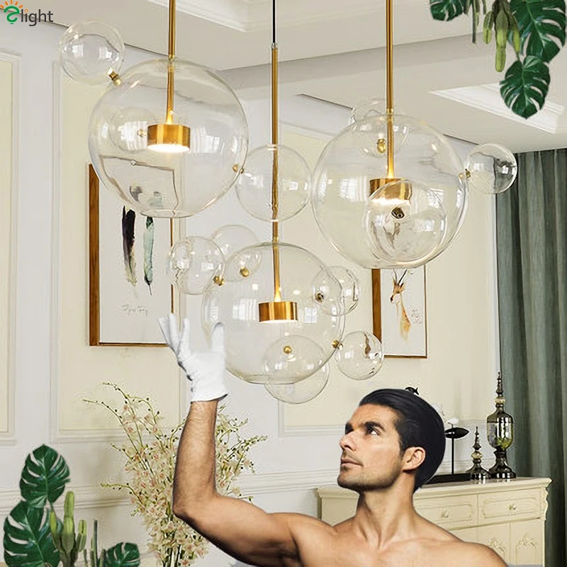 Modern Glass Bubble Led Chandeliers Lighting Dining Room Copper Metal