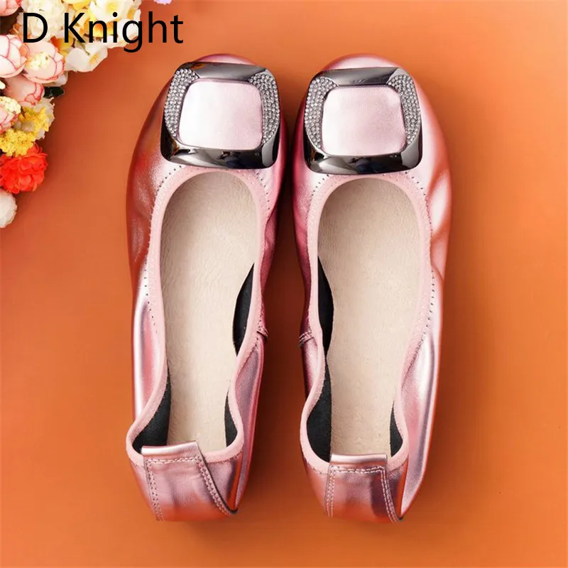 Comfortab Women's Flat Shoes Large Size 12 Genuine Ballet Leather Footwear for Women Csytal Metal Decoration Female Loafer Shoes (12)
