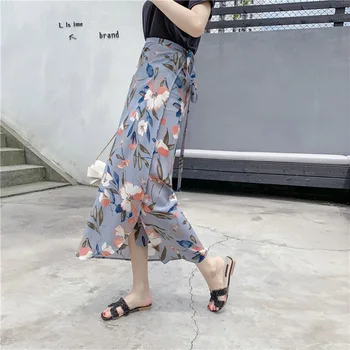 

Women Summer Hight Waist High Split Printed Maxi Skirt Pleated Chiffon Long Casual Boho