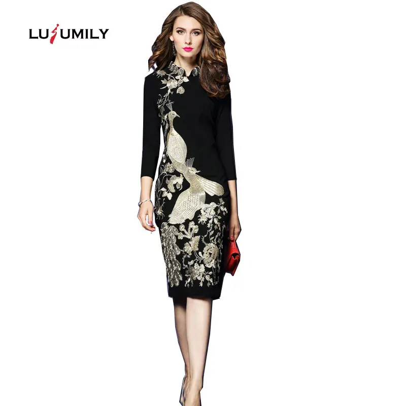 

Lusumily Autumn Winter Dress Women Long Sleeve Embroidery Elegant Dress Vintage Medium Long Work Party Bodycon Sheath Dress