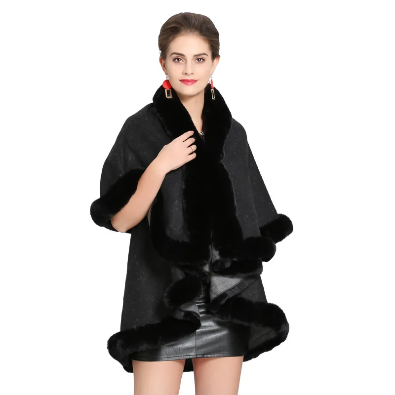 

2019 New imitation fox fur collar double-layer double shawl cape coat fashion women faux fur trim outwear pashmina wrap scaves