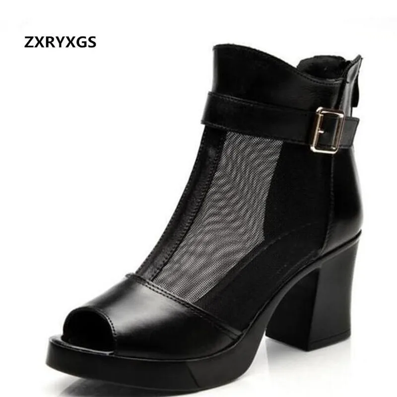 

ZXRYXGS brand cowhide mesh summer women sandals ankle boots 2018 Fish mouth mom high heels genuine leather shoes women sandals