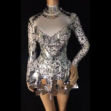 Блестящее Серебряное платье-боди с блестками, стразы, женский костюм на день рождения, празднование слитный купальник для вечеринок, женская одежда для выступлений