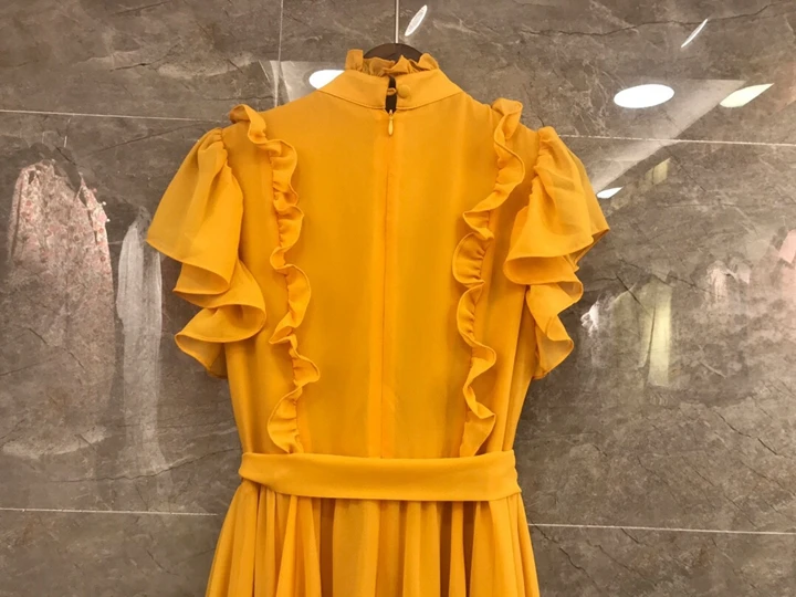 Женская одежда, платья, Летнее шелковое платье высокого качества, Женская туника в стиле пэчворк с рюшами и пуговицами, платье до середины икры красного и желтого цвета