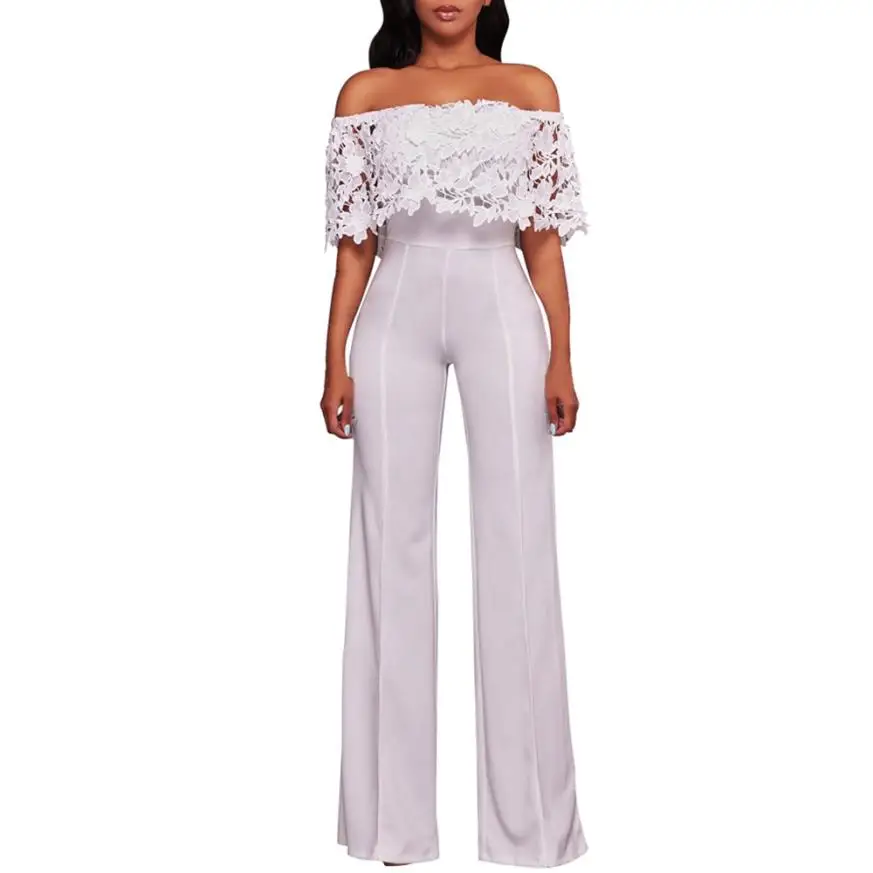 

2018 New European Style Summer design Brand Women Lace High Waist Off Shoulder Flared Jumpsuits Rompers Wide Leg Pants 1a3*