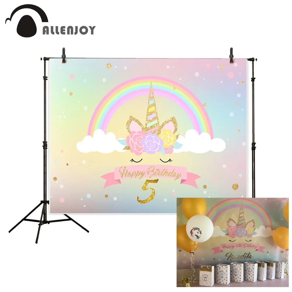 

Allenjoy unicorn backdrop photography Rainbow Golden Child Birthday Party photocall backgrounds for photo studio photophone