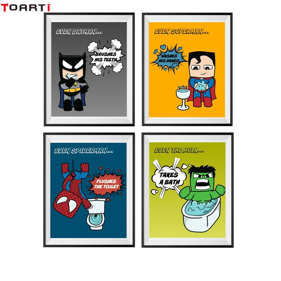 

Cartoon superhero/man take a bath flush the toilet canvas painting funny wall art poster&print murals chart picture for washroom