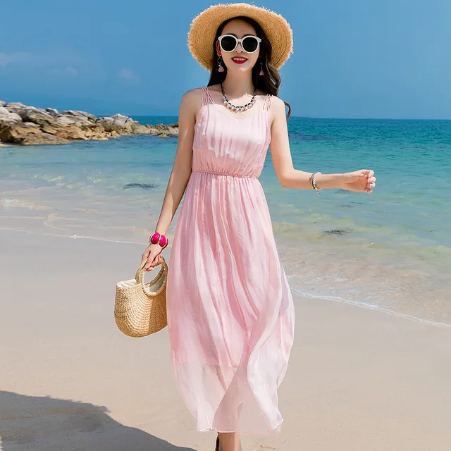 Tcyeek Pink Dress Women Beach Long Summer Dress Boho Party Dresses Real ...