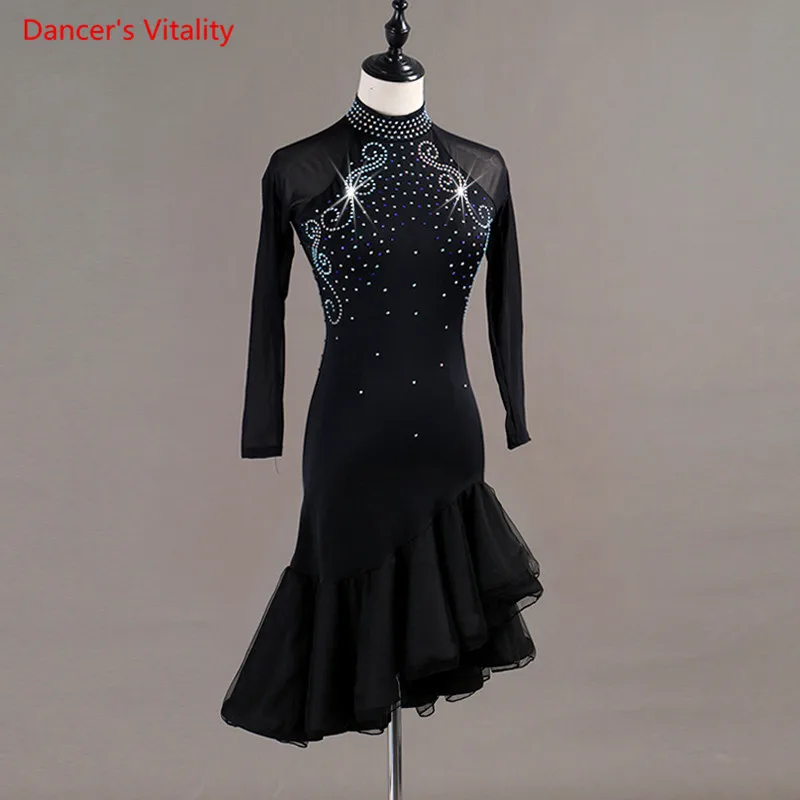 Custom Made NEW Women's Latin Long Sleeves Dance Costumes Dress Skirt Salsa Samba Cha-Cha Latin Dance Dress