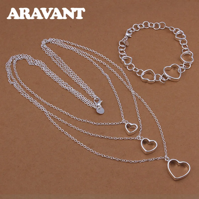 

925 Silver Jewelry Set Three Chain With Triple Heart Necklaces Bracelets For Women Romantic Anniversary Gift