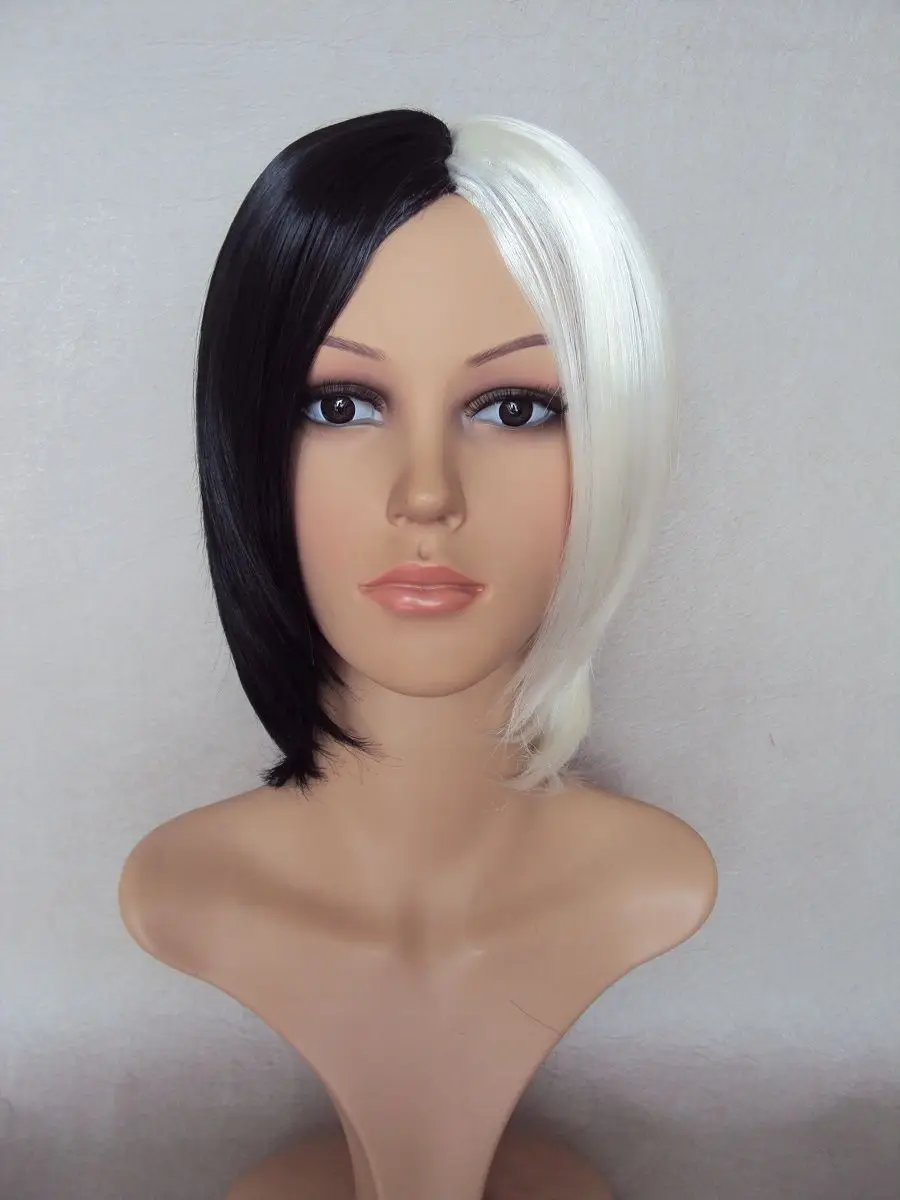 Fashion Cruella Deville Lady Gaga White Black Short Bob Wig On