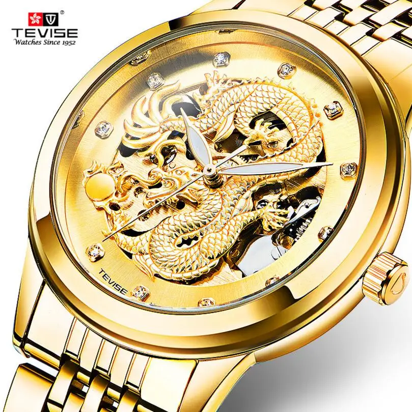 

Tevise Luxury Relogio Masculino Men's Dragon Golden Crystal Hollow Out Dial Auto Mechanical Wristwatch Gift Box Free Ship