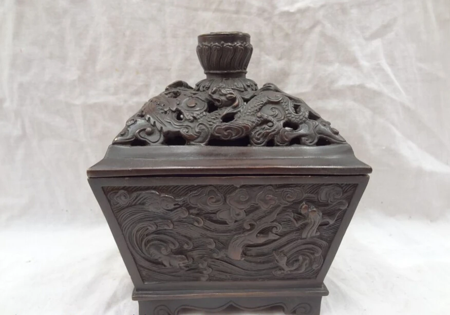 

S2871 8" Tibet Bronze Buddhist Dragon Phoenix Statue XiangYun Incense Burner Censer D0318