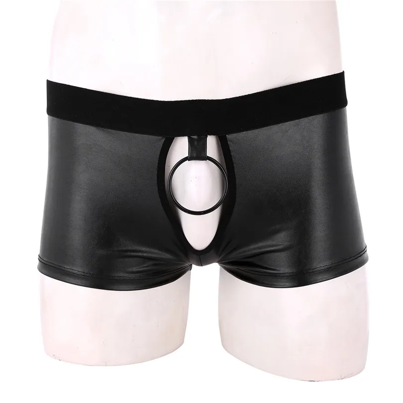 iEFiEL Sexy Gay Men Male Lingerie Soft Faux Leather Cut Out Low Rise Boxer Jockstrap Underwear Underpants with Ball Metal O-ring