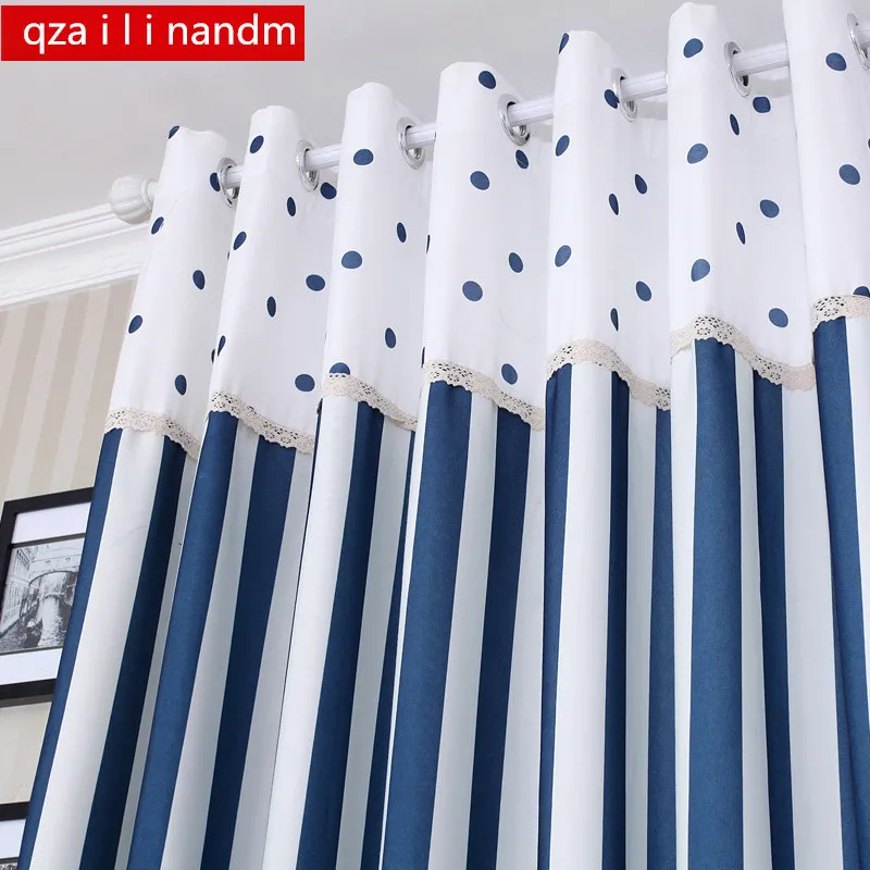 

Mediterranean Modern stripe dot stitching full blackout curtains with blue dots tulle for children room living room windows