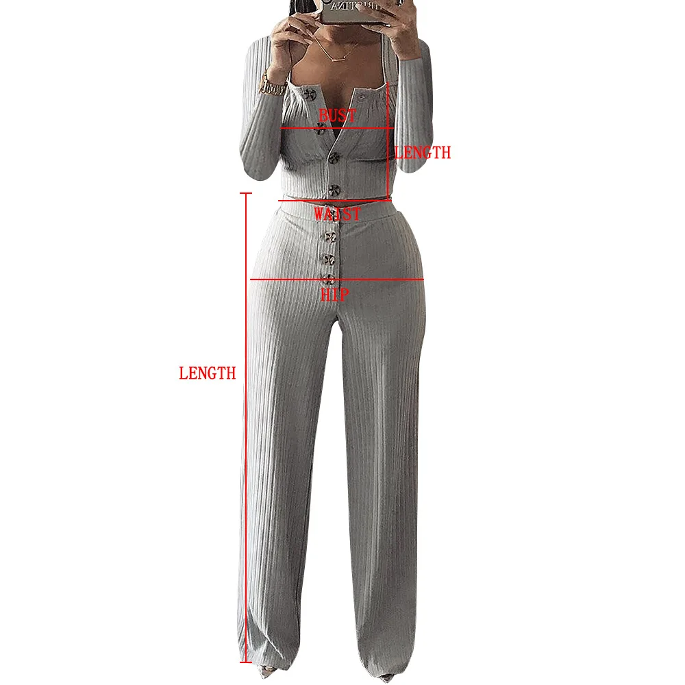 Осенние женские трикотажные ребристые сексуальные Женский комплект 2 шт. Зимние Повседневные серые одинаковые комплекты комплект из 2 предметов элегантные прямые штаны