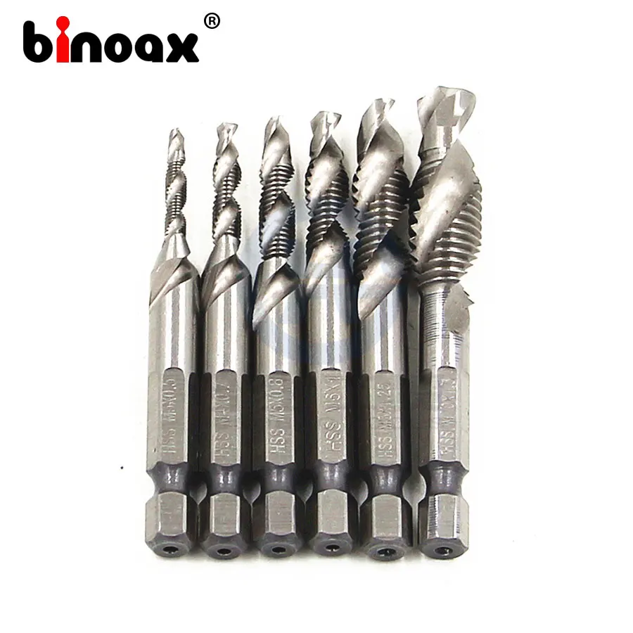 Binoax 6Pcs HSS Drill Tap Combination Bit Set Deburr Countersink Hex