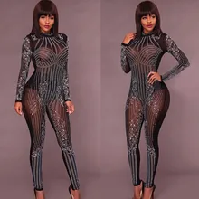 Sexy Aderente A Manica Lunga Sheer Tute e Tute da Palestra Della Maglia di Modo Geometrica Strass See-Through Pagliaccetto Sparkly Tute e Salopette Combinazione Femme