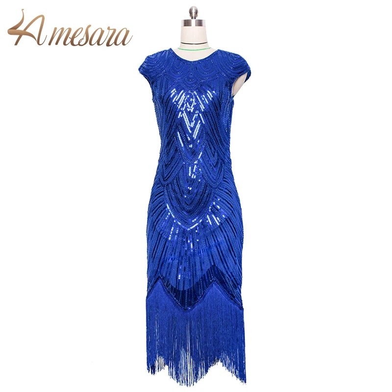 

Vintage 1920 s Sexy Summer Women Party Dress Sequins Tassels Blue Flapper Long Dresses 59002 Blue
