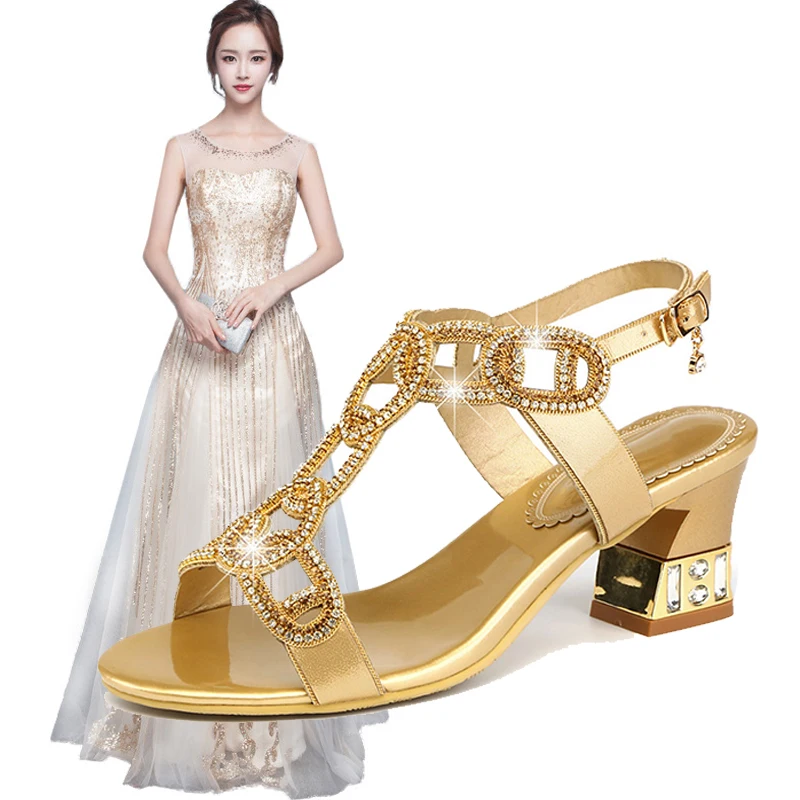 

2018 Exquisite Woman Evening Dress Shoes Match Golden Long Dress Rhinestone Leather High-heeled Shoes Women Clothes Size S-XXL