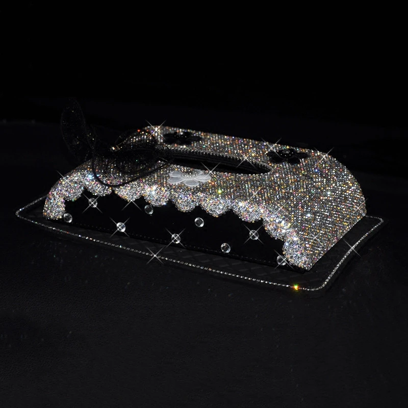 

Shiny Car-mounted Crystal Diamonds Tissue Box PU Leather Car Tray Napkin Wipe Holder With Anti-slip Mat Car Inside Decoration